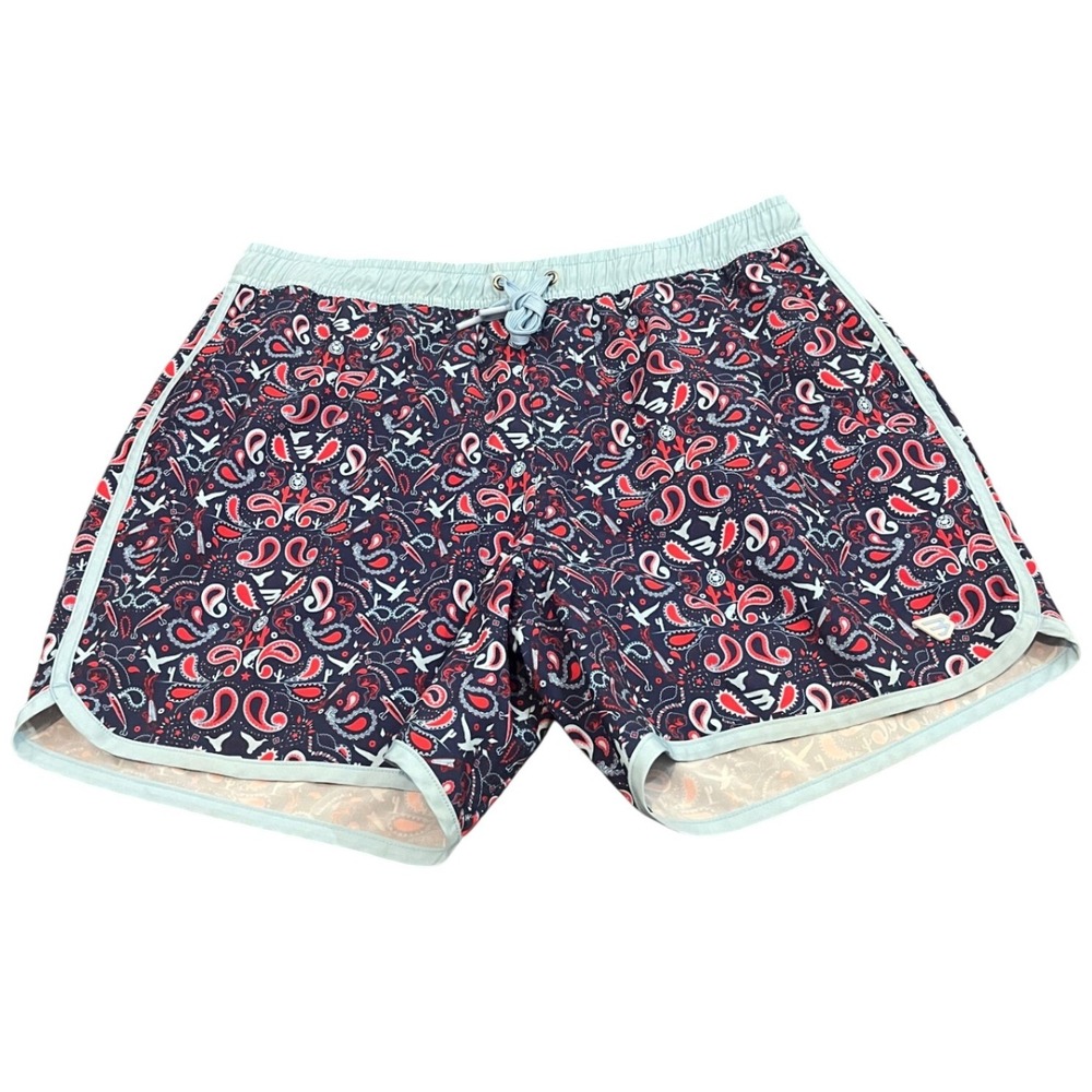 Burlebo Swim Trunks Mens L Navy Paisley Bandana Print Stretch Activewear
